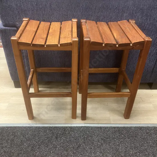 Teak Barstools With Slatted Curved Seats. H68 W37 & 39 D34.5cm