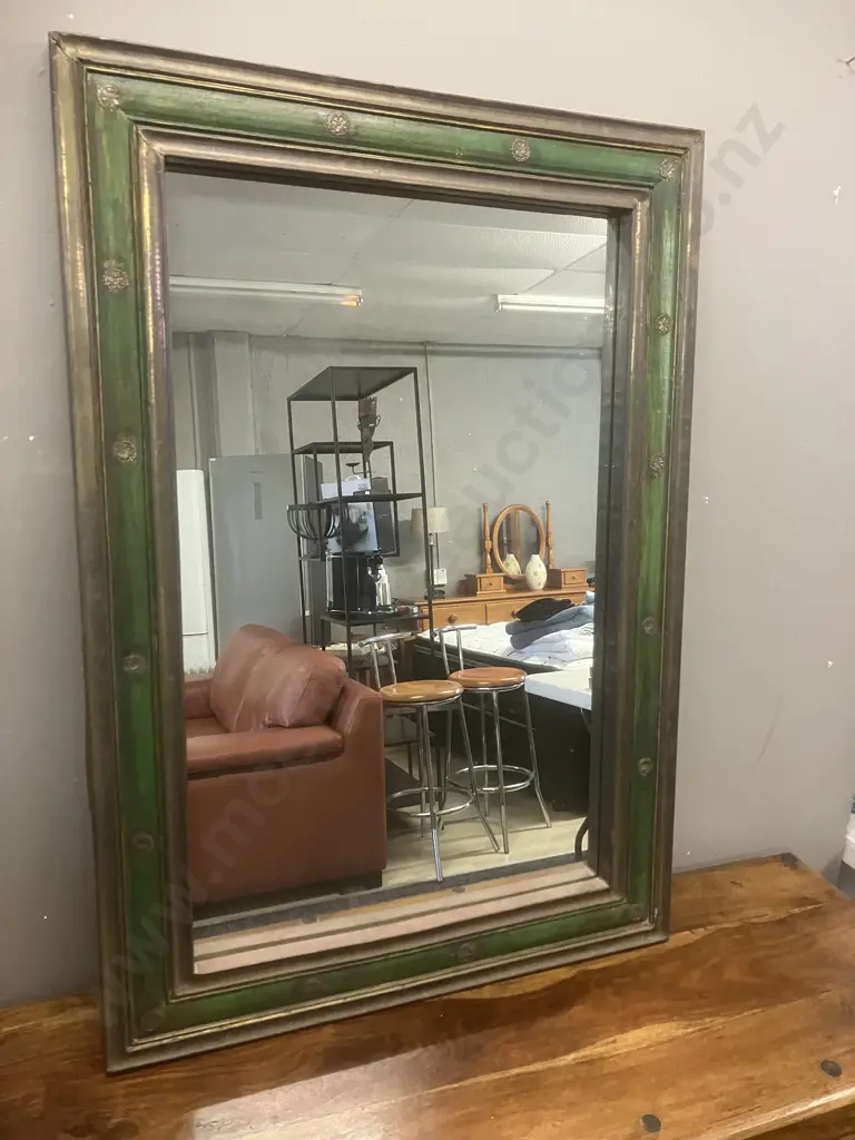 Wooden Framed Wall Mirror - Green & Copper Tones. 98 x 68cm Image 1++