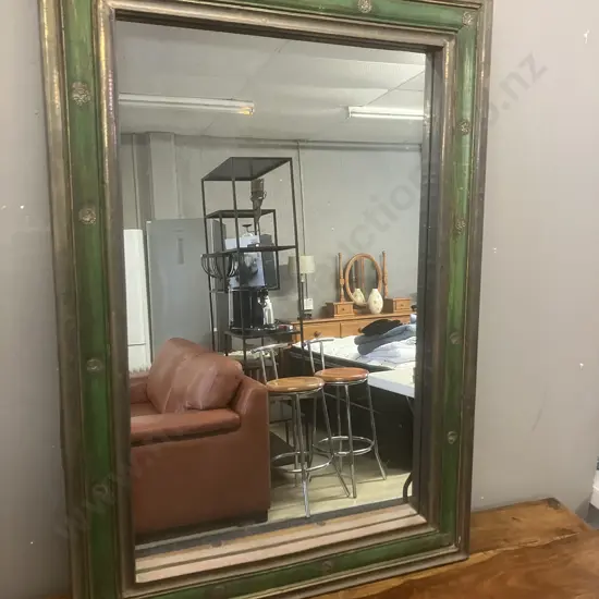 Wooden Framed Wall Mirror - Green & Copper Tones. 98 x 68cm