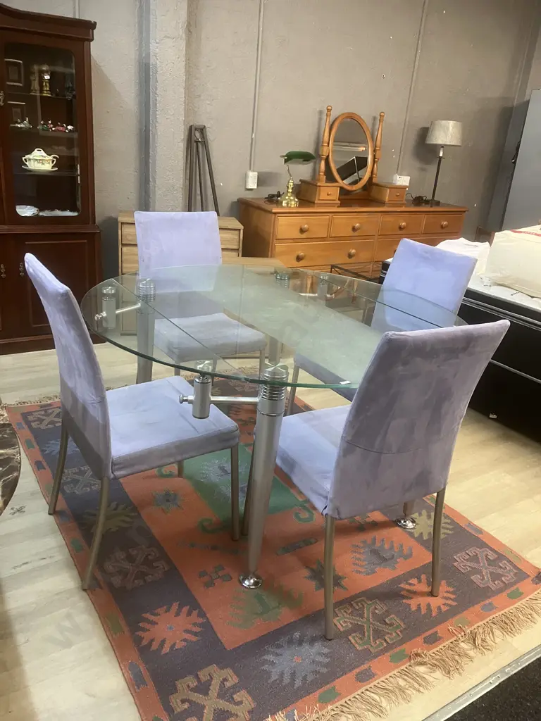 Contemporary Glass Top Dining Table Mid-Century Style Design With 2 Swivel Extensions, Four Lilac Upholstered Chairs Image 1++