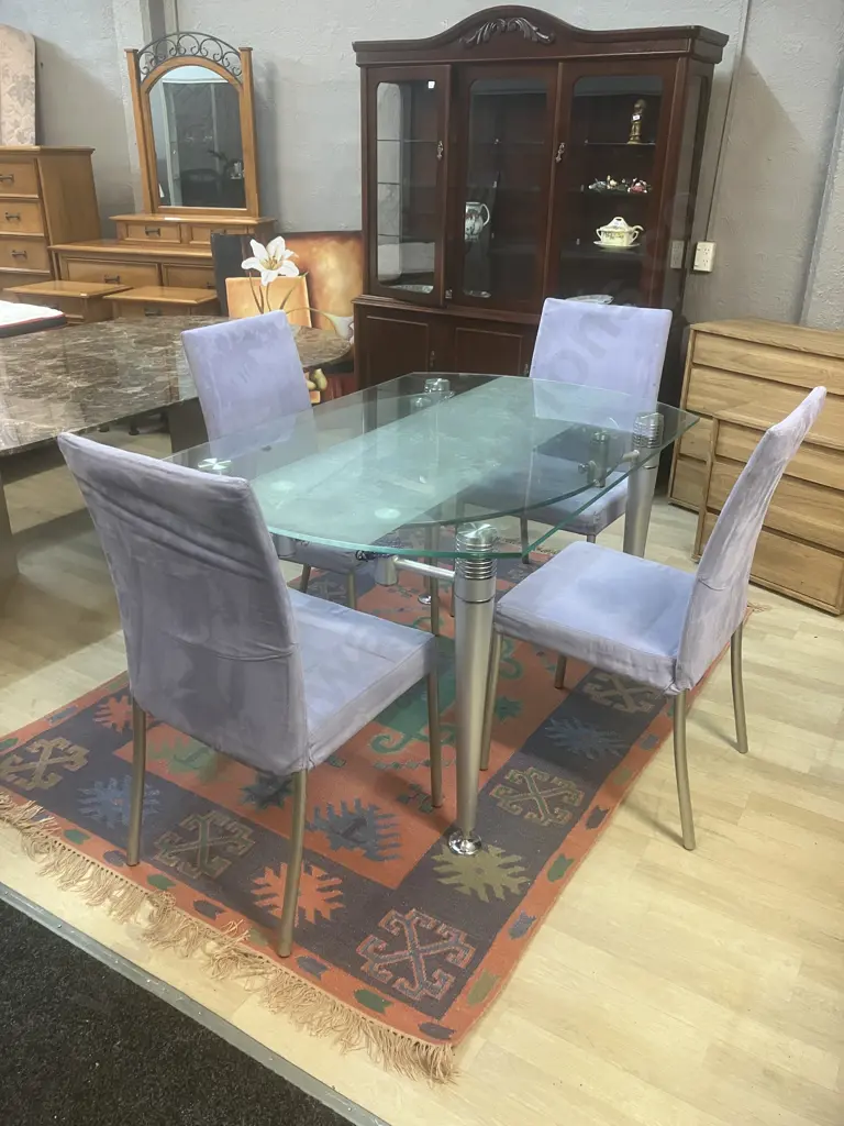 Contemporary Glass Top Dining Table Mid-Century Style Design With 2 Swivel Extensions, Four Lilac Upholstered Chairs Image 1++