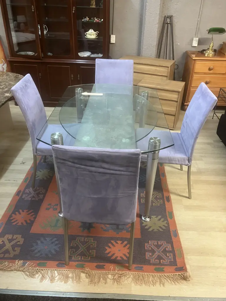Contemporary Glass Top Dining Table Mid-Century Style Design With 2 Swivel Extensions, Four Lilac Upholstered Chairs Image 1++