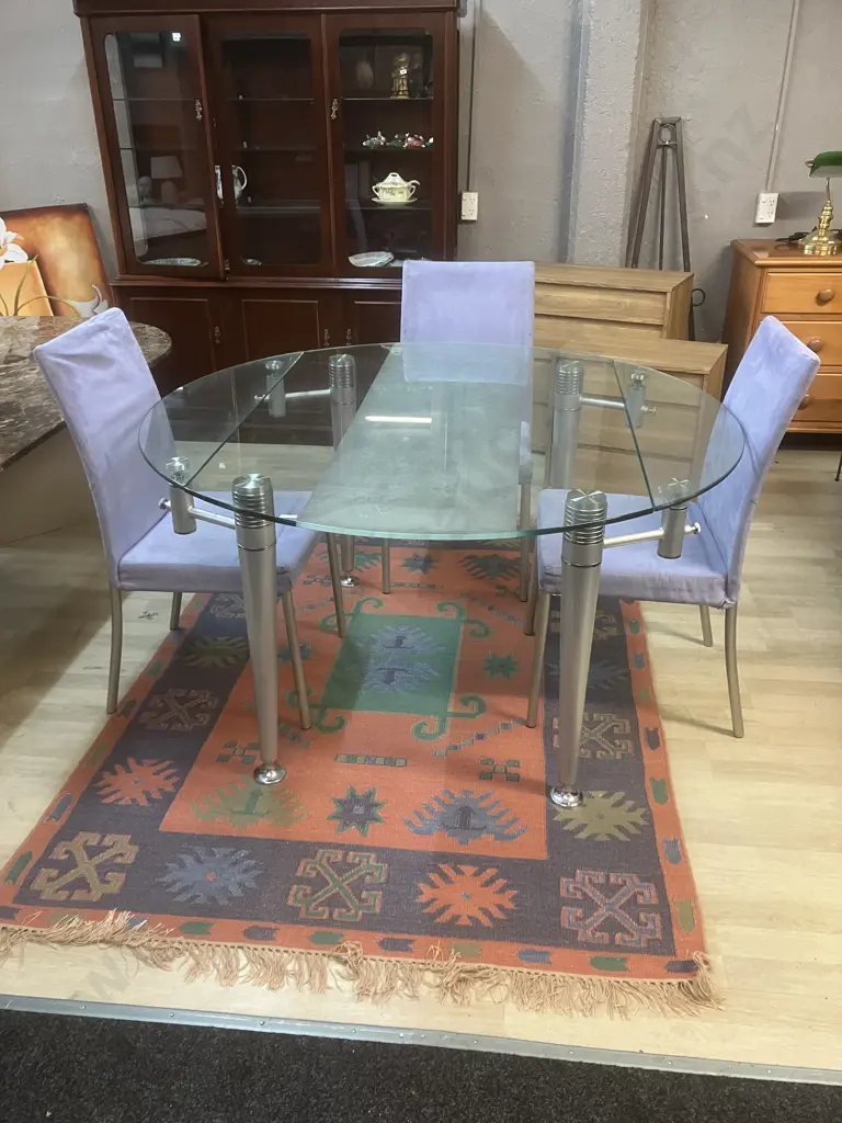 Contemporary Glass Top Dining Table Mid-Century Style Design With 2 Swivel Extensions, Four Lilac Upholstered Chairs Image 1++
