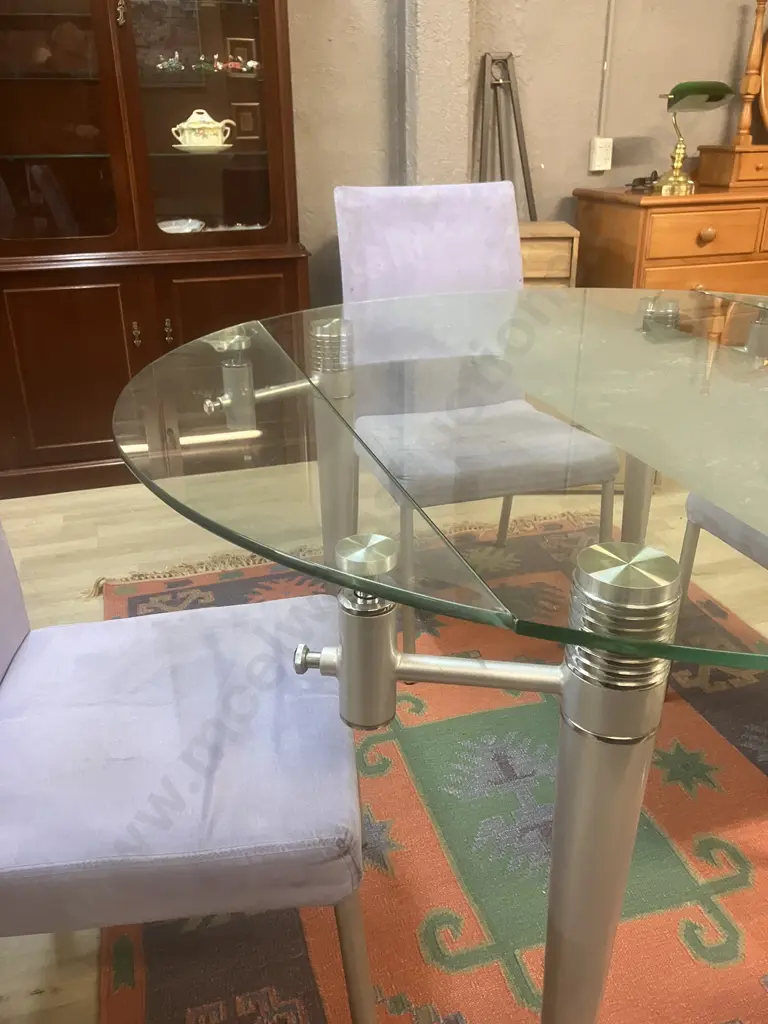 Contemporary Glass Top Dining Table Mid-Century Style Design With 2 Swivel Extensions, Four Lilac Upholstered Chairs Image 1++