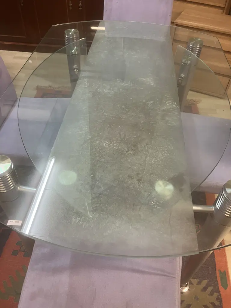Contemporary Glass Top Dining Table Mid-Century Style Design With 2 Swivel Extensions, Four Lilac Upholstered Chairs Image 1++