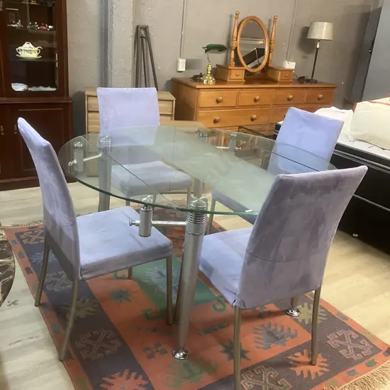 Contemporary Glass Top Dining Table Mid-Century Style Design With 2 Swivel Extensions, Four Lilac Upholstered Chairs
