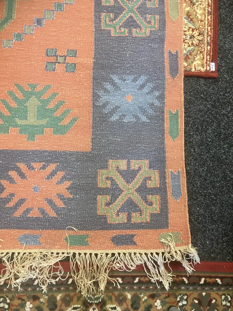 Handwoven Wool Jute Kilim Floor Rug With Geometric Pattern. 200 x 140cm Image 1++