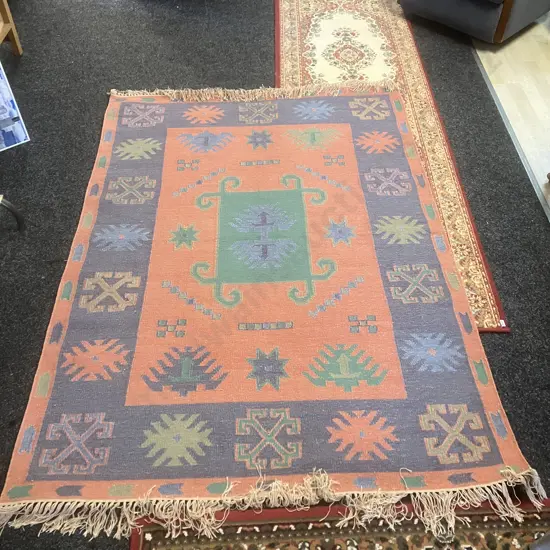 Handwoven Wool Jute Kilim Floor Rug With Geometric Pattern. 200 x 140cm