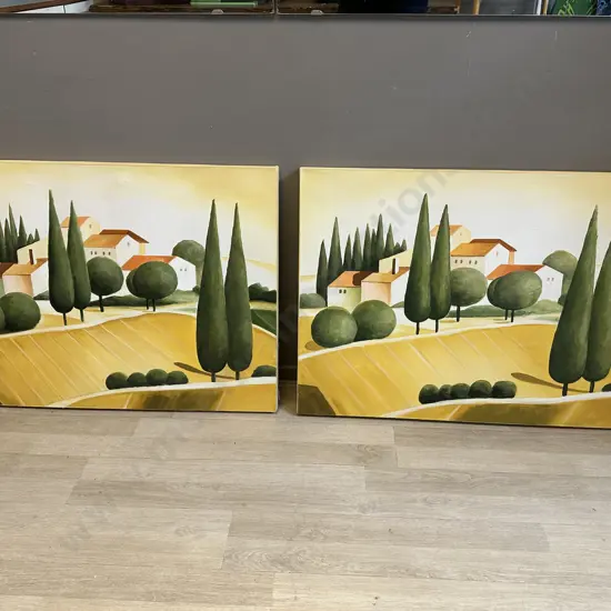 Pair Of Pictures On Canvas Country Scene H60 W81cm.