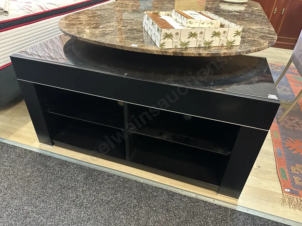 Black 2 Drawer Glass Topped TV Entertainment Unit, 2 Drawer, 2 Glass Shelves. H58 W120 D47.5cm Image 1++