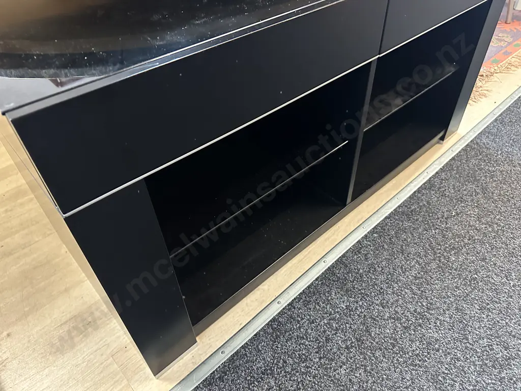 Black 2 Drawer Glass Topped TV Entertainment Unit, 2 Drawer, 2 Glass Shelves. H58 W120 D47.5cm Image 1++