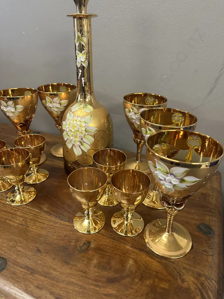 Murano 24 kt Gold/Amber Coloured Decanter With Six Wine & Six Sherry  Glasses  Image 1++