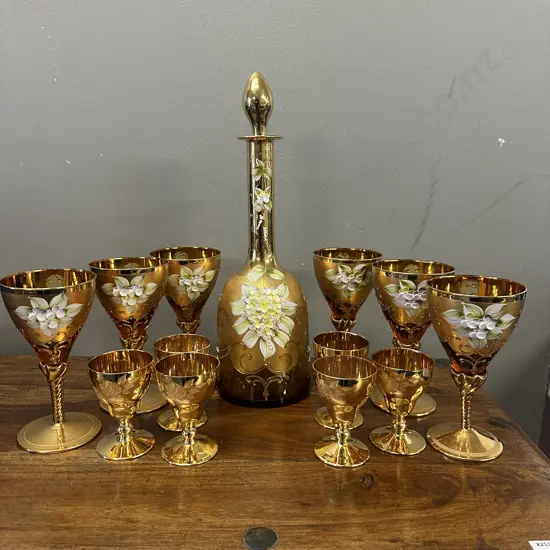 Murano 24 kt Gold/Amber Coloured Decanter With Six Wine & Six Sherry  Glasses 