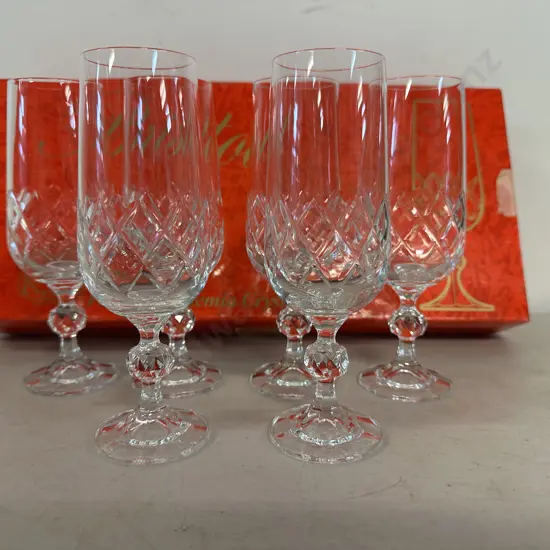 Set Of Six Bristol Fine Cut Bohemia Crystal Champagne Flutes