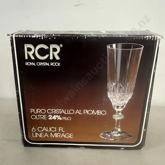 Set Of Six Royal Crystal Rock Mirage Champagne Flutes Boxed