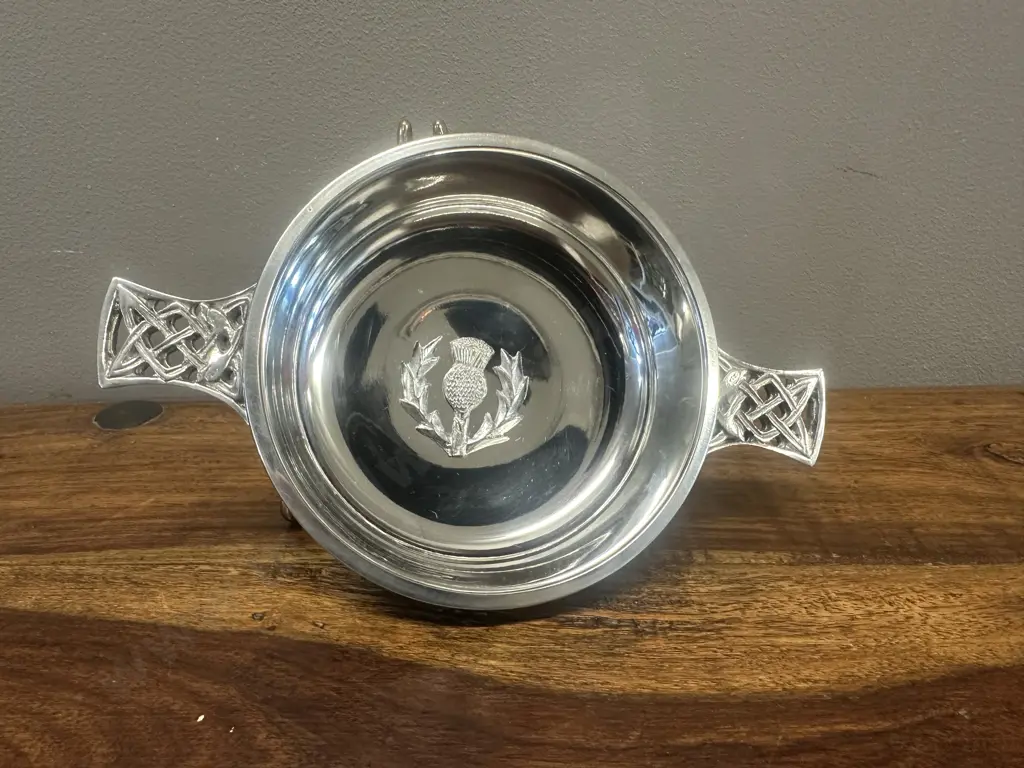 Scottish Pewter Quiach Drinking Vessel Celtic Knotwork Handles & Thistle Emblem Image 1++