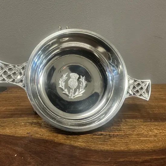 Scottish Pewter Quiach Drinking Vessel Celtic Knotwork Handles & Thistle Emblem