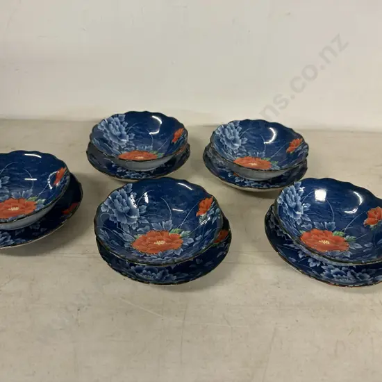 Vintage Japanese Arita Juzan Gama Namsu Porcelain Red/White/Blue Peony Dishes