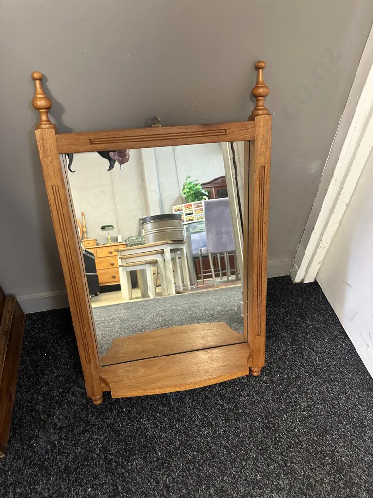 Vintage Wooden Mirror With Turned Finials & Lower Shelf 65x40cm. Image 1++