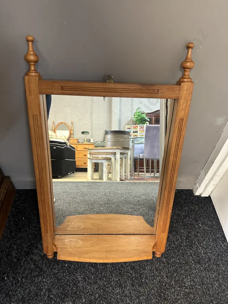 Vintage Wooden Mirror With Turned Finials & Lower Shelf 65x40cm. Image 1++
