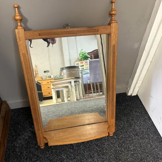 Vintage Wooden Mirror With Turned Finials & Lower Shelf 65x40cm.