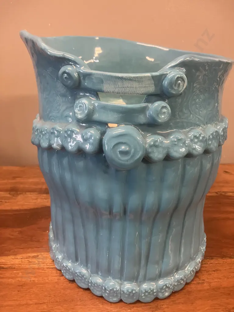 Signed Blue Glazed Ceramic Urn. 25 x 20cm Image 1++