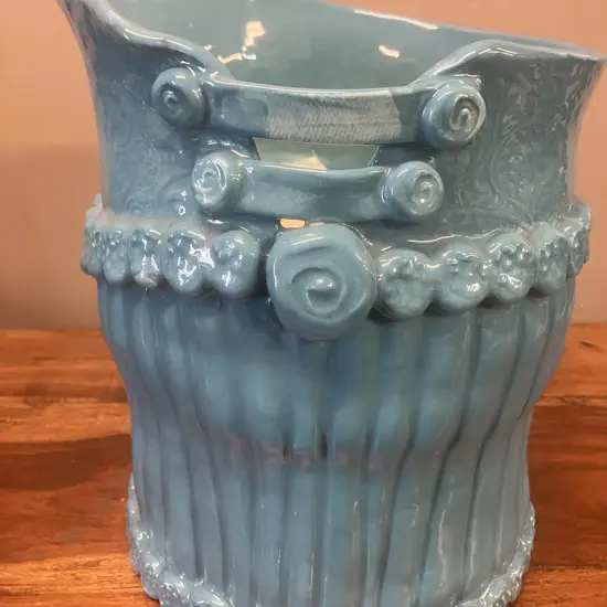 Signed Blue Glazed Ceramic Urn. 25 x 20cm