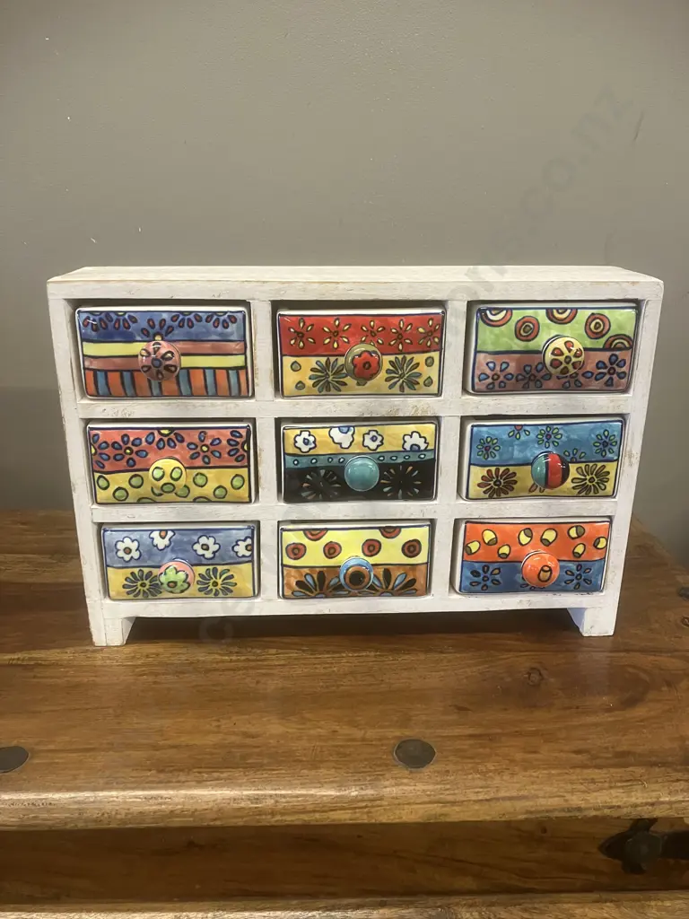 Vintage Ceramic & Wood 9 Drawer Spice Chest. H25 W37 D8.5cm Image 1++