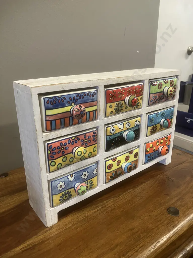 Vintage Ceramic & Wood 9 Drawer Spice Chest. H25 W37 D8.5cm Image 1++