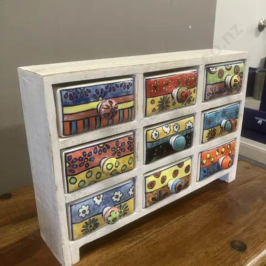 Vintage Ceramic & Wood 9 Drawer Spice Chest. H25 W37 D8.5cm