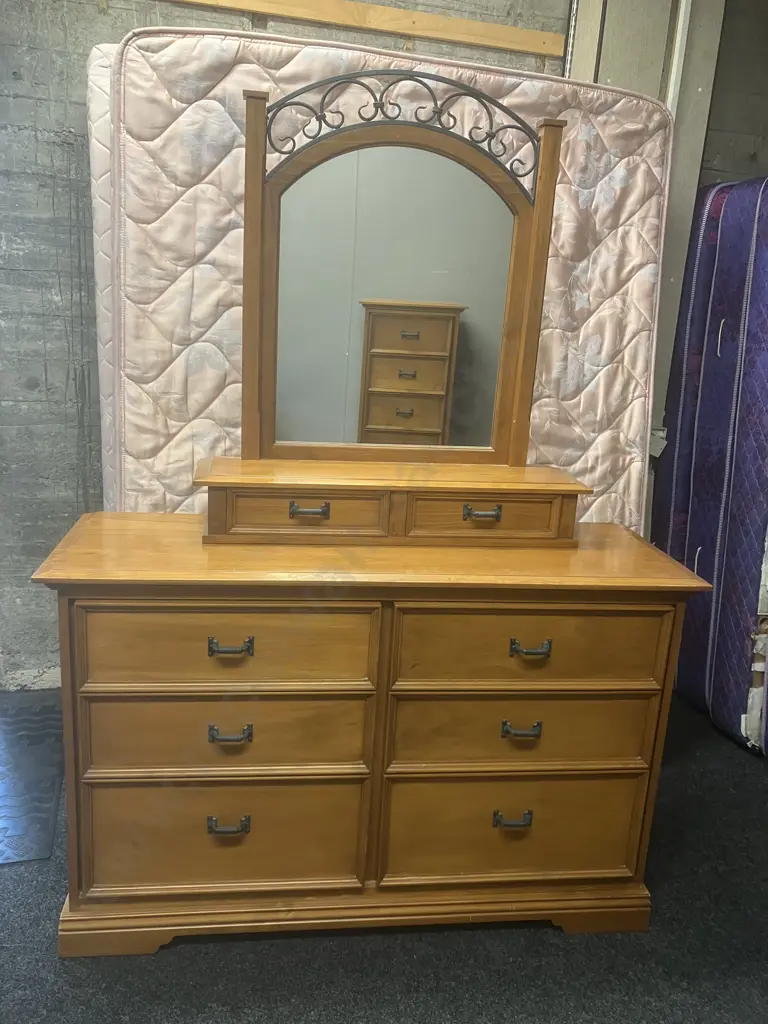 Solid Wood 8 Drawer Dressing Table With Verdigris Colour Steel Spring Handles & Detailing. H190 W137 D46cm Image 1++