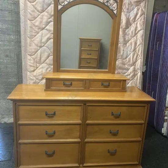 Solid Wood 8 Drawer Dressing Table With Verdigris Colour Steel Spring Handles & Detailing. H190 W137 D46cm