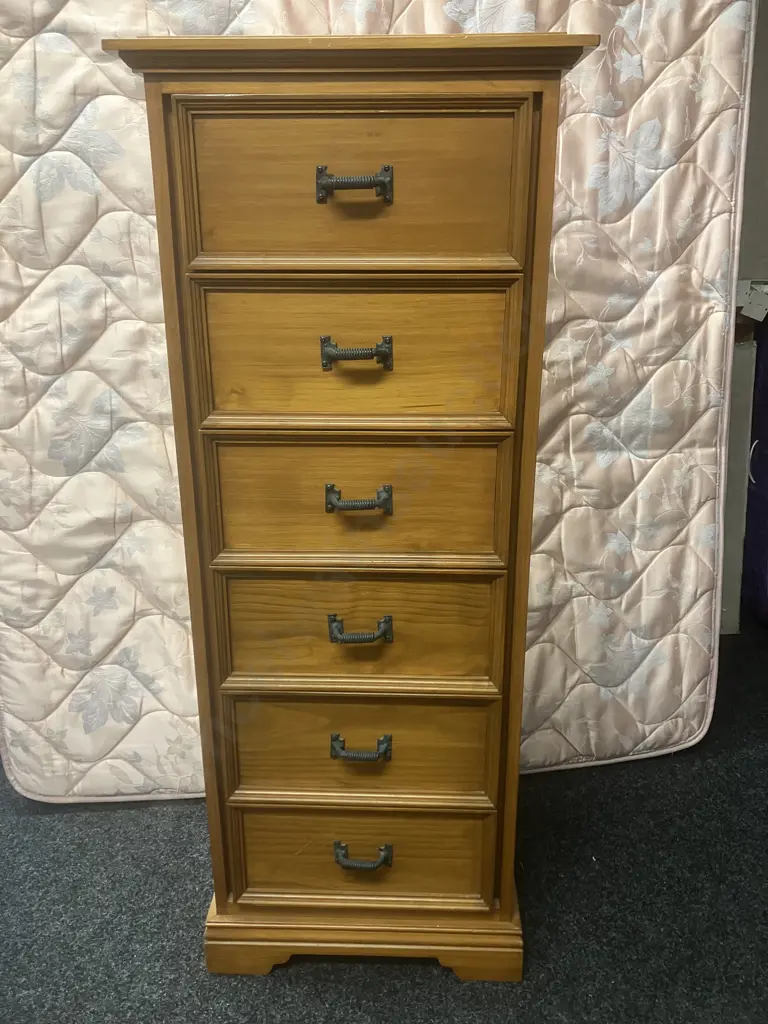 Solid Wood 6 Drawer Lingerie Chest Tallboy With Verdigris Colour Steel Spring Handles. H135 W 54 D46cm Image 1++