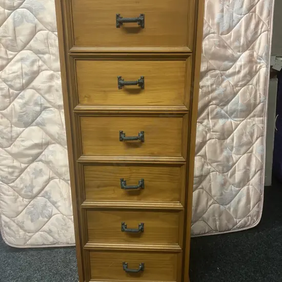 Solid Wood 6 Drawer Lingerie Chest Tallboy With Verdigris Colour Steel Spring Handles. H135 W 54 D46cm