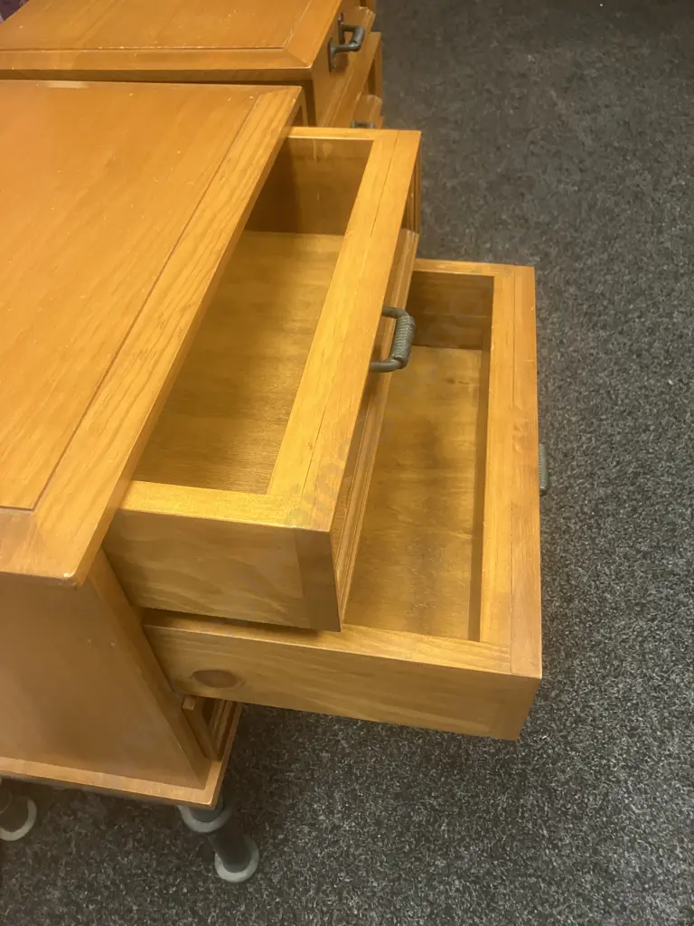 Pair of Solid Wood 3 Drawer Bedsides With Verdigris Colour Steel Base & Spring Handles. H71 W52 D36cm Image 1++