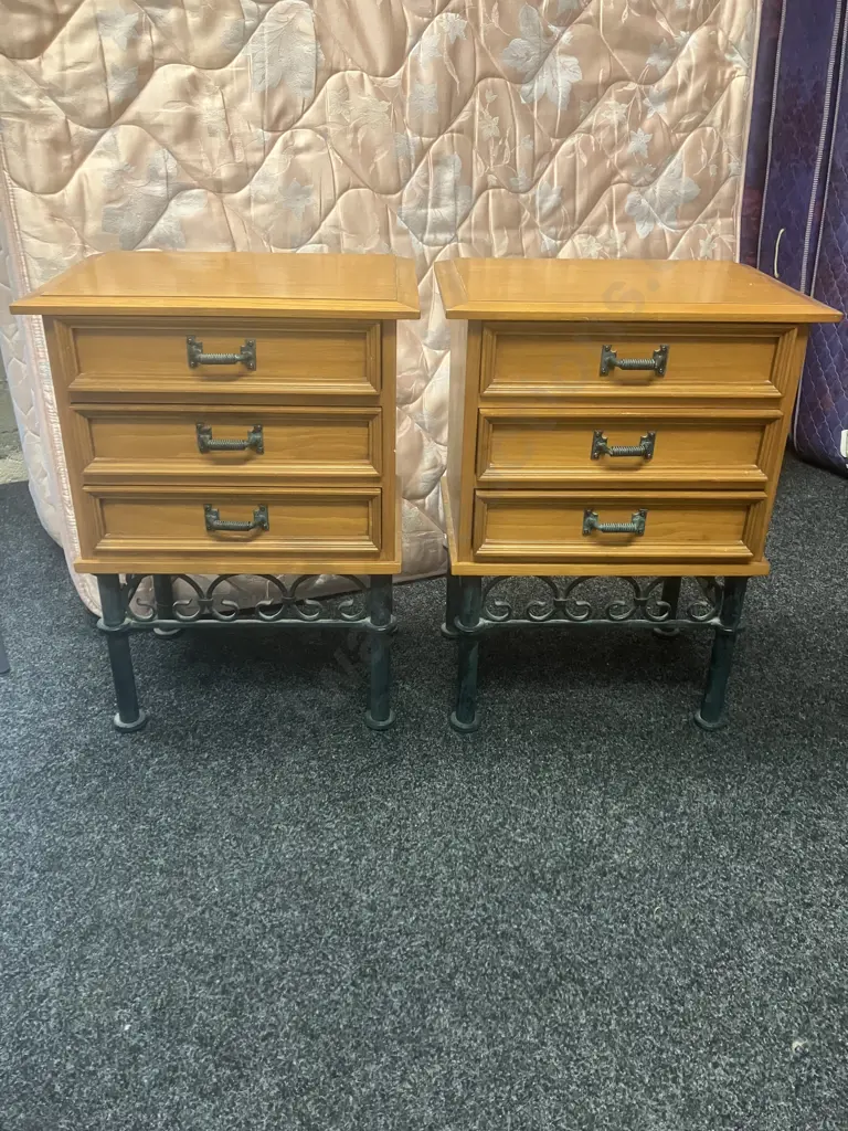 Pair of Solid Wood 3 Drawer Bedsides With Verdigris Colour Steel Base & Spring Handles. H71 W52 D36cm Image 1++