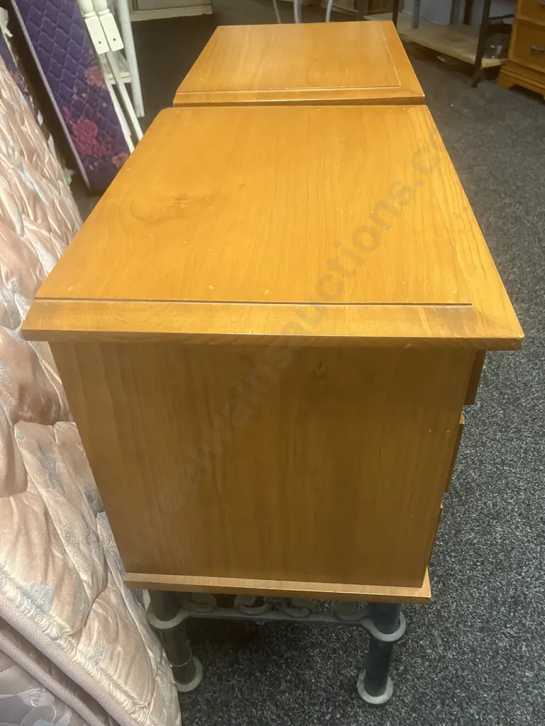 Pair of Solid Wood 3 Drawer Bedsides With Verdigris Colour Steel Base & Spring Handles. H71 W52 D36cm Image 1++