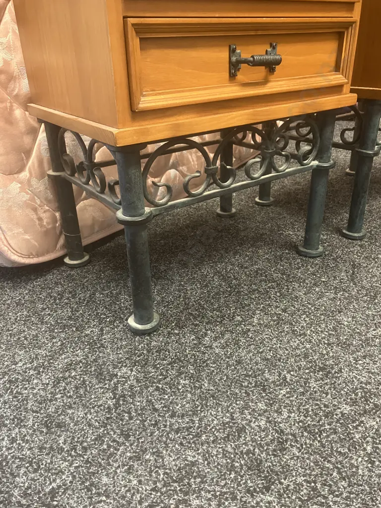 Pair of Solid Wood 3 Drawer Bedsides With Verdigris Colour Steel Base & Spring Handles. H71 W52 D36cm Image 1++