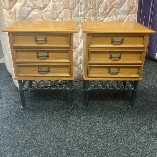 Pair of Solid Wood 3 Drawer Bedsides With Verdigris Colour Steel Base & Spring Handles. H71 W52 D36cm