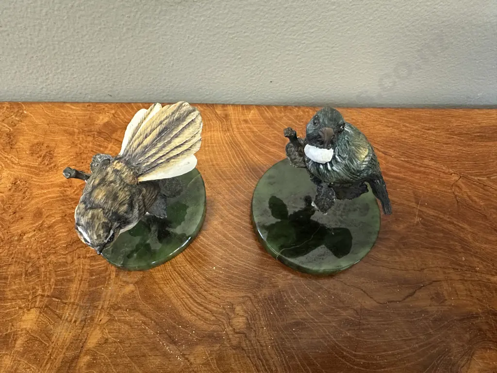 Hand Painted Bone China Fantail & Tui On Sterling Silver & New Zealand Greenstone (tui not attached to base) Image 1++