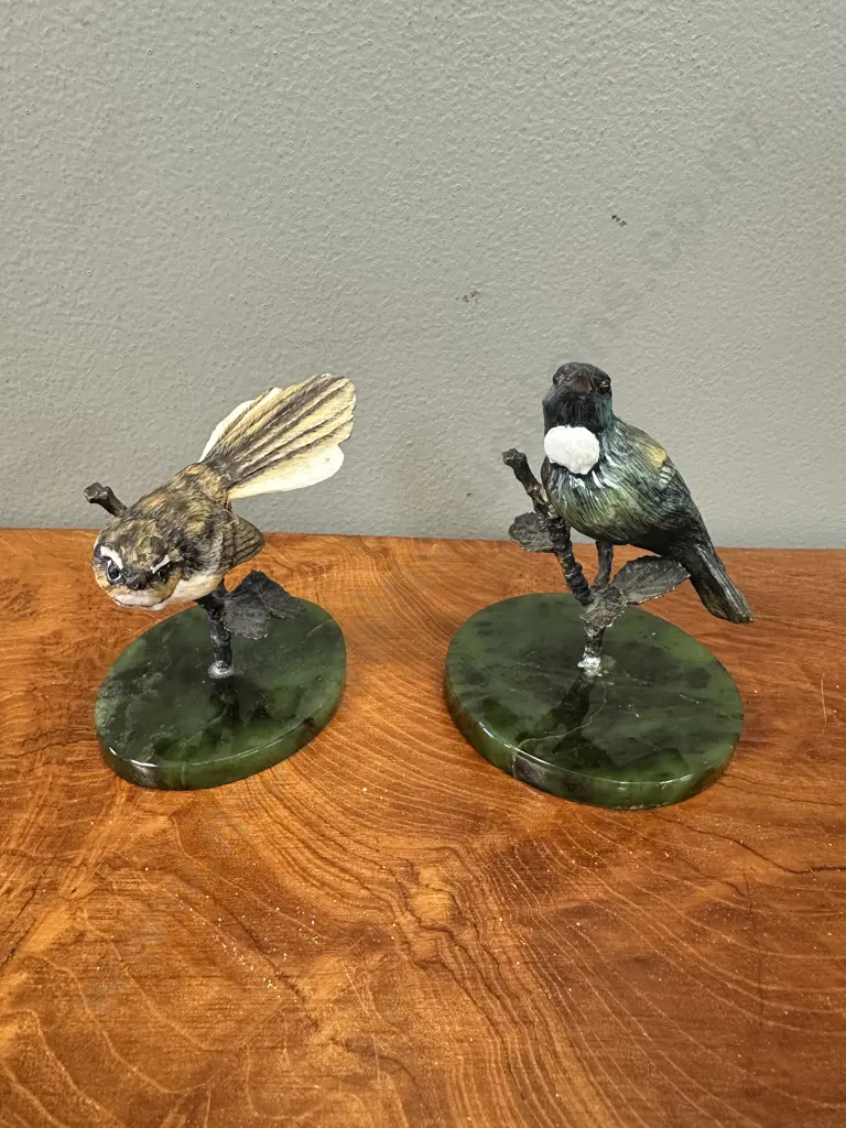 Hand Painted Bone China Fantail & Tui On Sterling Silver & New Zealand Greenstone (tui not attached to base) Image 1++