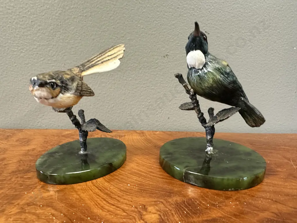 Hand Painted Bone China Fantail & Tui On Sterling Silver & New Zealand Greenstone (tui not attached to base) Image 1++