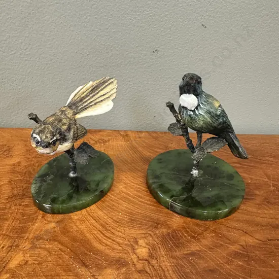 Hand Painted Bone China Fantail & Tui On Sterling Silver & New Zealand Greenstone (tui not attached to base)