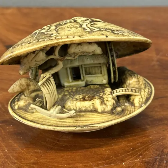 Vintage Japanese Carved Celluloid Clam Shell Ornament