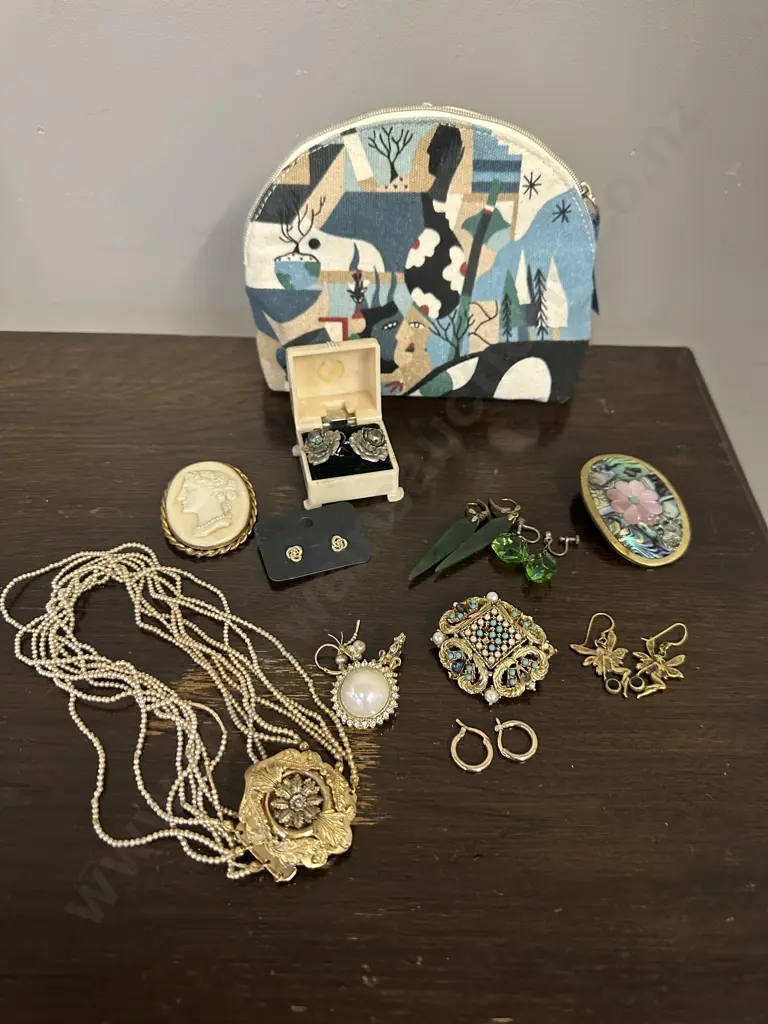 Selection Of Costume Jewellery Including Earrings, Brooches Etc With Clarins  Cosmetic Bag Image 1++