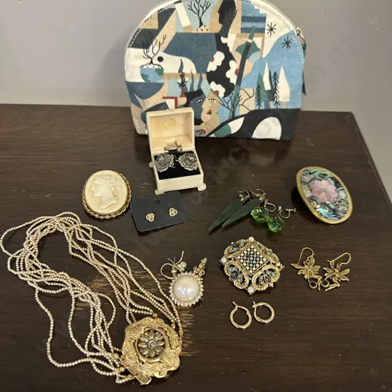 Selection Of Costume Jewellery Including Earrings, Brooches Etc With Clarins  Cosmetic Bag