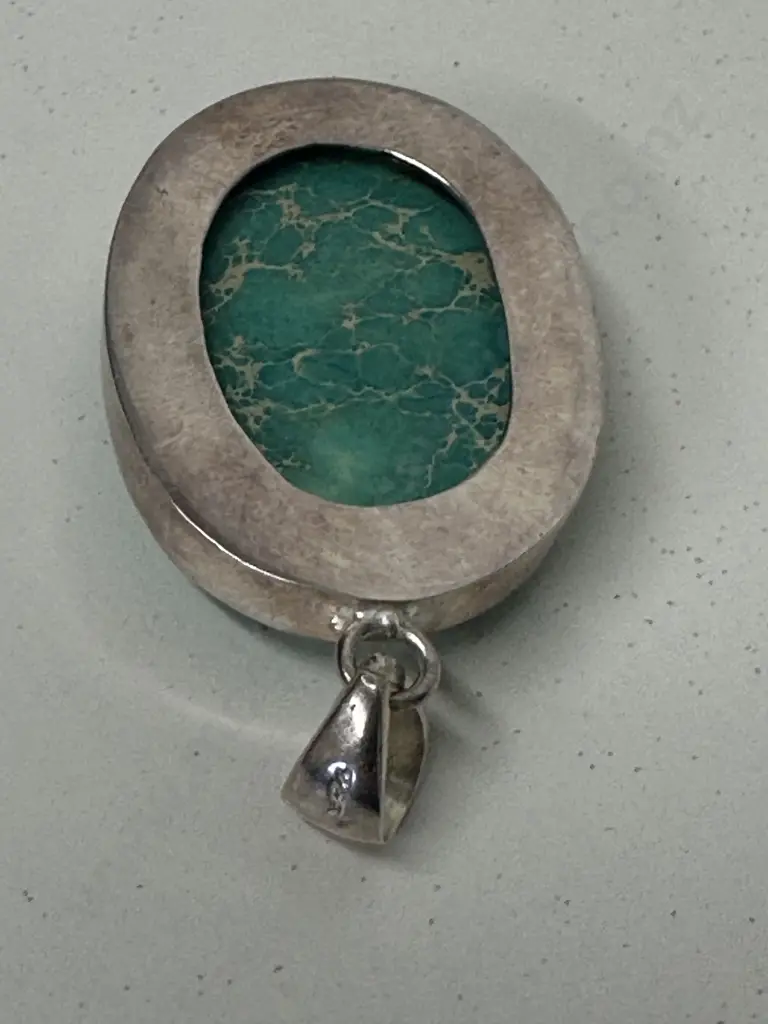 Vintage Stamped 925 Oval Turquoise Coloured Pendant Image 1++