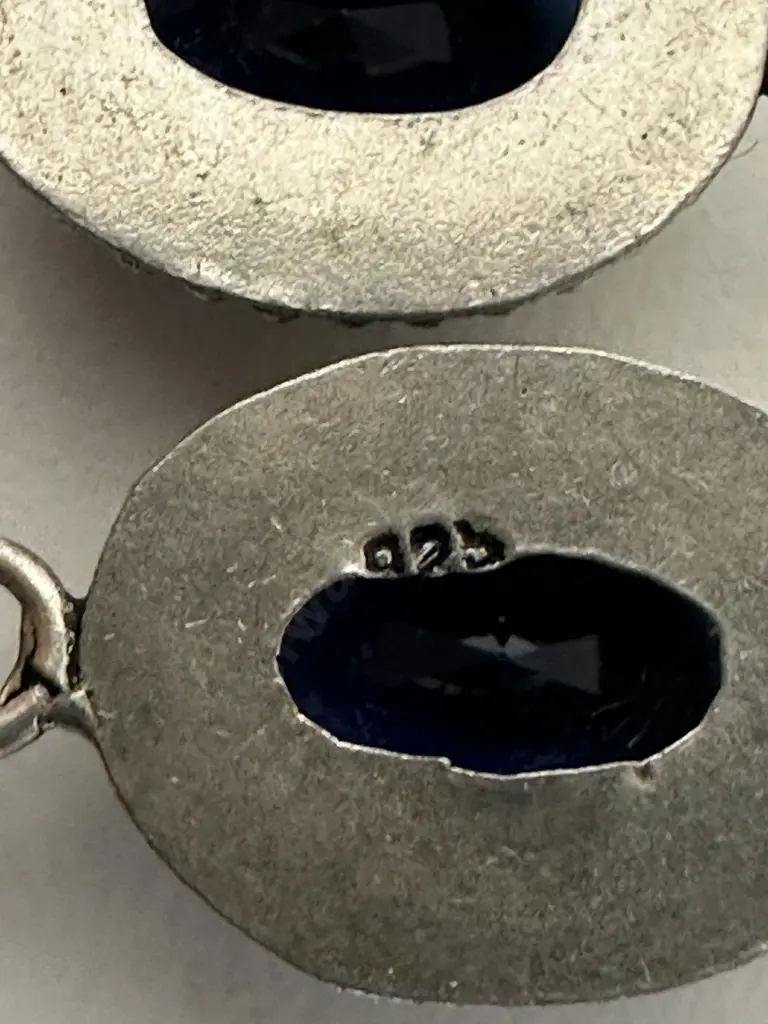 Vintage Stamped 925 Blue Oval Gemstone Necklace (Needs Clasp) Image 1++