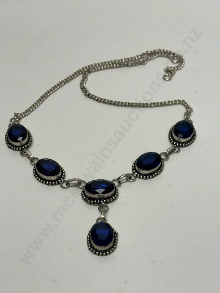 Vintage Stamped 925 Blue Oval Gemstone Necklace (Needs Clasp) Image 1++