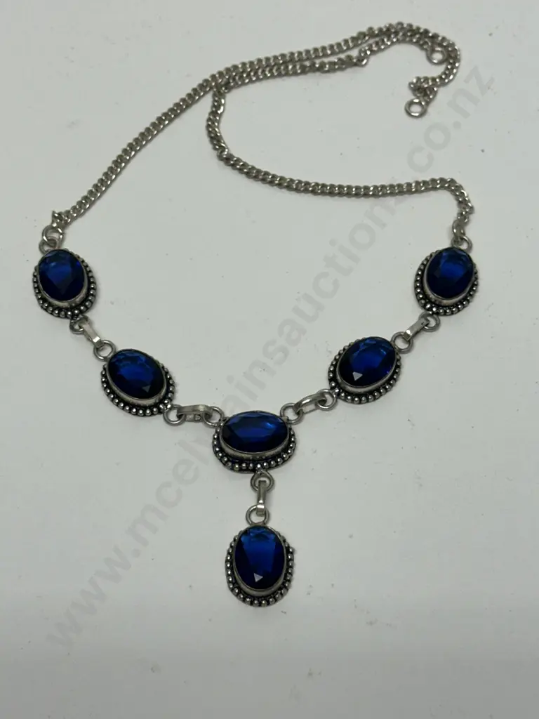 Vintage Stamped 925 Blue Oval Gemstone Necklace (Needs Clasp) Image 1++